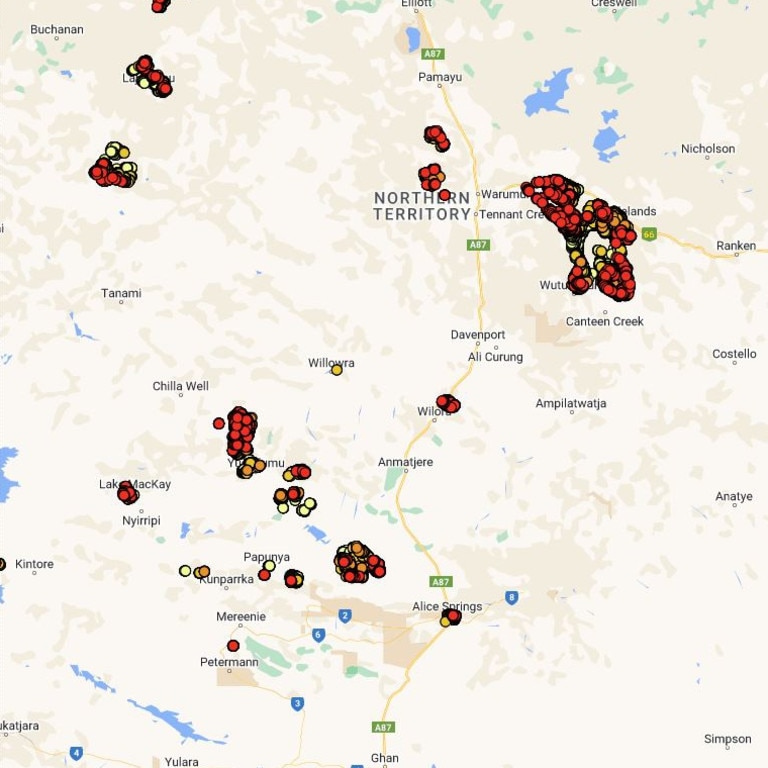 A satellite view of active fires burning in Central Australia near Tennant Creek, Yuendumu and Alice Springs in the 72 hour lead up to Friday September 8.