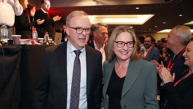 Prime Minister Anthony Albanese and Victorian Premier Jacinta Allan arrive at the Victorian Labor Party conference at Moonee Valley Racecourse. Saturday, May 18. 2024. Picture: David Crosling