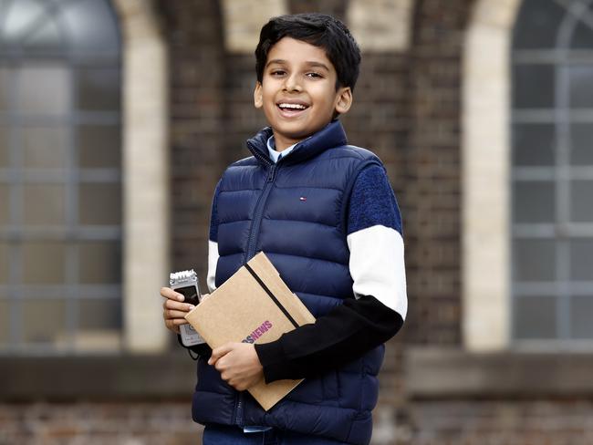 Adit Garg, 10, pictured with his Kids News Junior Journalist notebook and dictaphone, won the inaugural Primary News Story (Video) category in 2023 and joined The Morning Show to help launch the Kids News Junior Journo Newsroom and 2024 competition. Picture: Richard Dobson