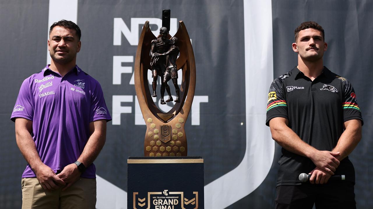 Jahrome Hughes and Nathan Cleary will go head-to-head in a clash that could decide the grand final. Picture: Brendon Thorne/Getty Images