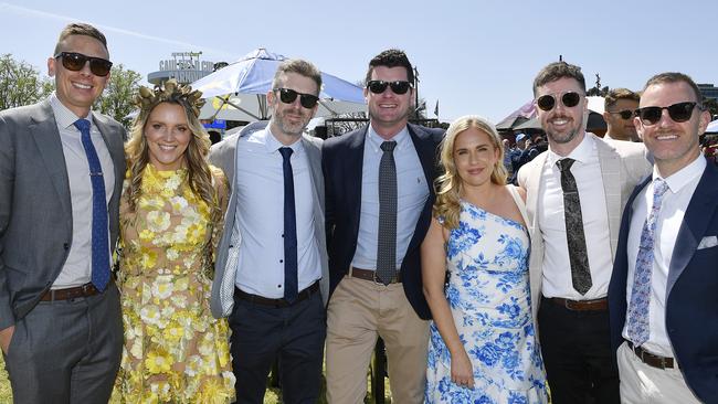 Caulfield Guineas horse race meeting, Caulfield, Victoria, Saturday 12th October 2024. Faces in the crowd. Pictured enjoying the race meeting are David, Toni, Ben, Vaughan, Rachel, Johnny, Bert. Picture: Andrew Batsch