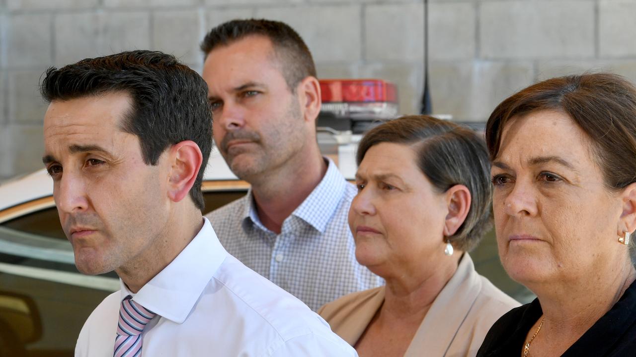 Premier David Crisafulli with Member for Townsville Adam Baillie, Member for Mundingburra Janelle Poole and Member for Thuringowa Natalie Marr at the Townsville Police Station. Picture: Evan Morgan