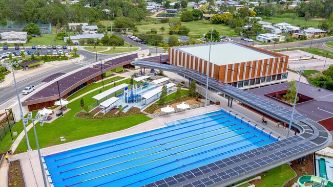 Aerial view of the Gympie Aquatic Recreation Centre (ARC) with solar panels visible from the roofs.