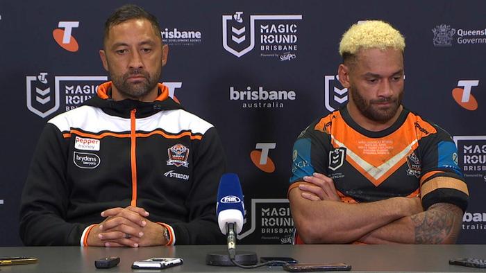 Benji Marshall and Api Koroisau were dejected after the Tigers' defeat.