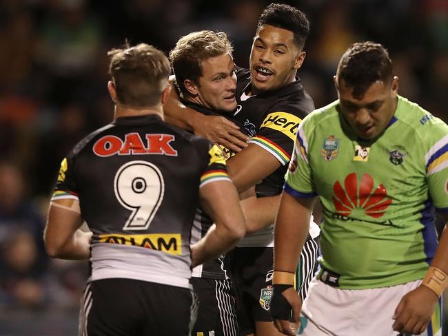 Matt Moylan and Waqa Blake celebrate a try.