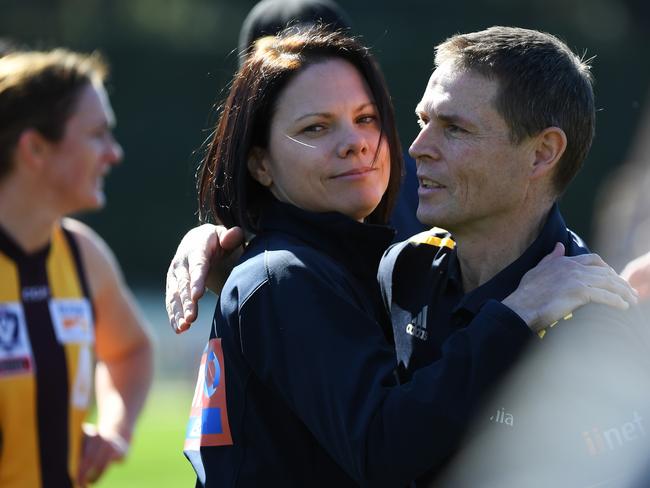 Patrick Hill enjoys a Hawthorn VFLW victory in 2018. Photo: AAP Image/James Ross)