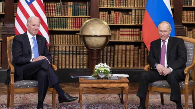 Biden and Putin meet during the U.S.-Russia summit at Villa La Grange on June 16, 2021 in Geneva, Switzerland. Picture: Getty Images