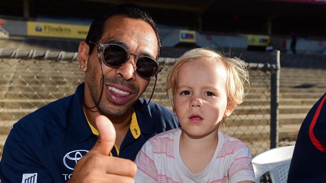 Eddie Betts with son Billy at the Adelaide Crows season launch at West Lakes. Picture: Tom Huntley