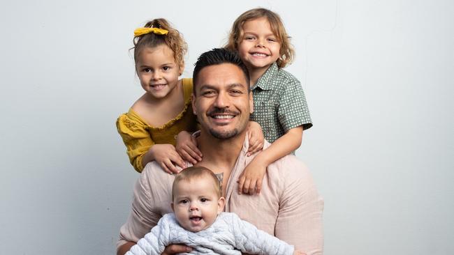 Retiring Brisbane Broncos captain Alex Glenn with his kids Miller 5, Gisele, 4, and Oakley, six months. Photo: David Kelly