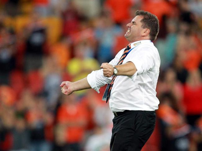 Ange celebrates winning the A-League title with the Roar. Picture: England Darren