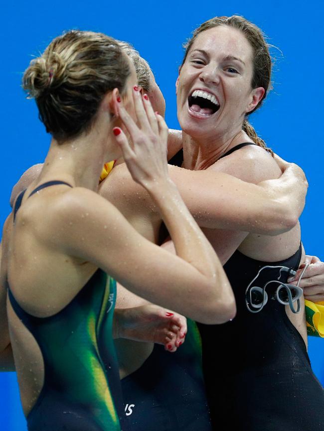 Emily Seebohm celebrates winning silver with team mates in Rio. Picture: Adam Pretty/Getty