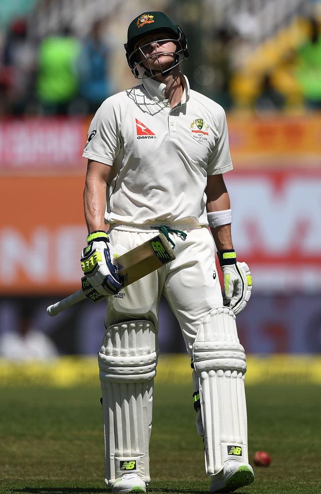 Steve Smith is disconsolate after chopping a bowl onto his stumps. Picture: AFP