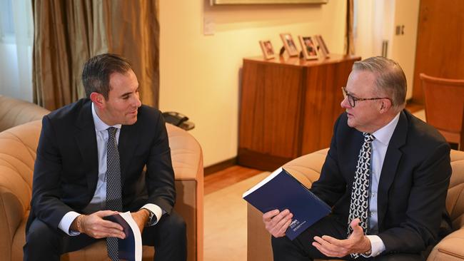 Dr Chalmers (left, with Anthony Albanese) insisted that there was nothing surprising about the tax cuts not appearing in the budget because they weren’t a new measure. Picture: NCA NewsWire / Martin Ollman