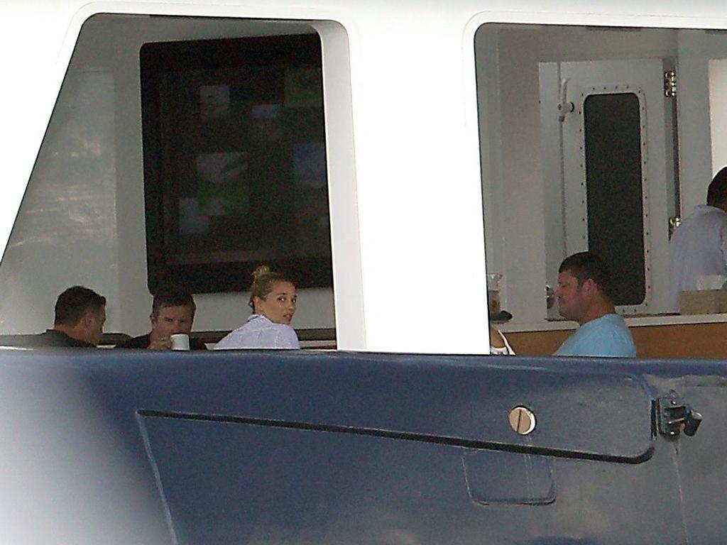 Karl Stefanovic and girlfriend Jasmine Yarbrough were spotted holidaying in Bora Bora with James Packer and his kids, aboard his luxury yacht Arctic P. They were also accompanied by a group of friends, including a mystery brunette, who is pictured sitting next to a visibly larger James Packer. Picture: Backgrid