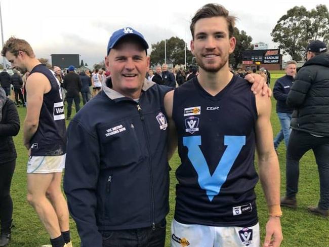 Frank Anderson with South Croydon 2009 premiership coach Paris Harvie after the Vic Metro and Vic Country game. Picture: Phil Lovell