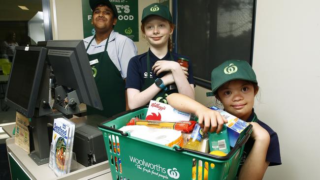 Students Azaan Husain, 13, James Garland, 13, and Shari-Anne Pearson, 12, at Gabes Fresh Food. Picture: John Appleyard