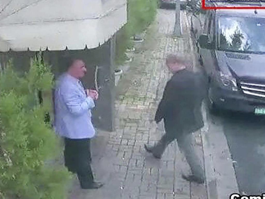 Khashoggi (right) strides toward the Saudi Embassy in Turkey in October 2, 2018. He would not make it out alive. Picture: CCTV/Hurriyet via AP