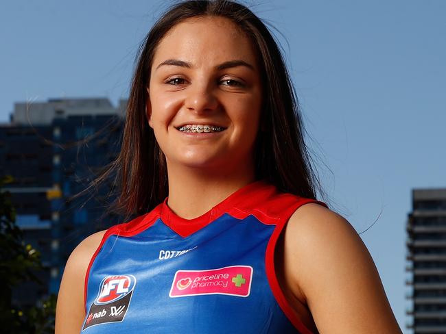 MELBOURNE, AUSTRALIA - OCTOBER 18: Monique Conti of the Bulldogs poses for a photograph during the 2017 NAB AFL Women's Draft at Docklands on October 18, 2017 in Melbourne, Australia. (Photo by Michael Willson/AFL Media/Getty Images)