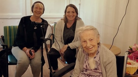 Resident Flo Ashwood (front) with daughter Carol Taylor and granddaughter Shelley Taylor in Donwood's connection pod. Picture: Supplied.