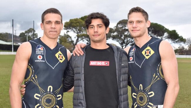 Scotch Old Collegians footballer Jy Farrar (right) with teammate Ash Johnson (left) and Adelaide Crows and former Scotch player Shane McAdam (centre). Picture: Scotch Old Collegians Football Club