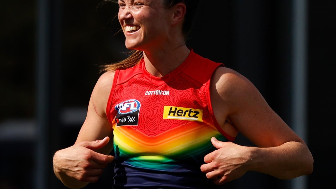 Daisy Pearce gestures to the pride guernsey. Picture: Michael Willson/AFL Photos via Getty Images