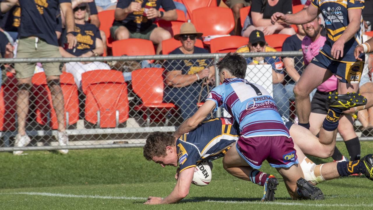 Jarrod Lee scores a try for Highfields. Highfields vs Goondiwindi. 2021 Hutchinson Builders Cup A Grade final. Sunday, September 19, 2021. Picture: Nev Madsen.