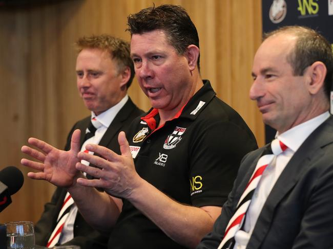 New St Kilda coach Brett Ratten with CEO Matt Finnis and St Kilda president Andrew Bassat sit infront of the media to announce Rattens appointment at Moorabbin today.  06/09/2019 .       . Pic: Michael Klein.