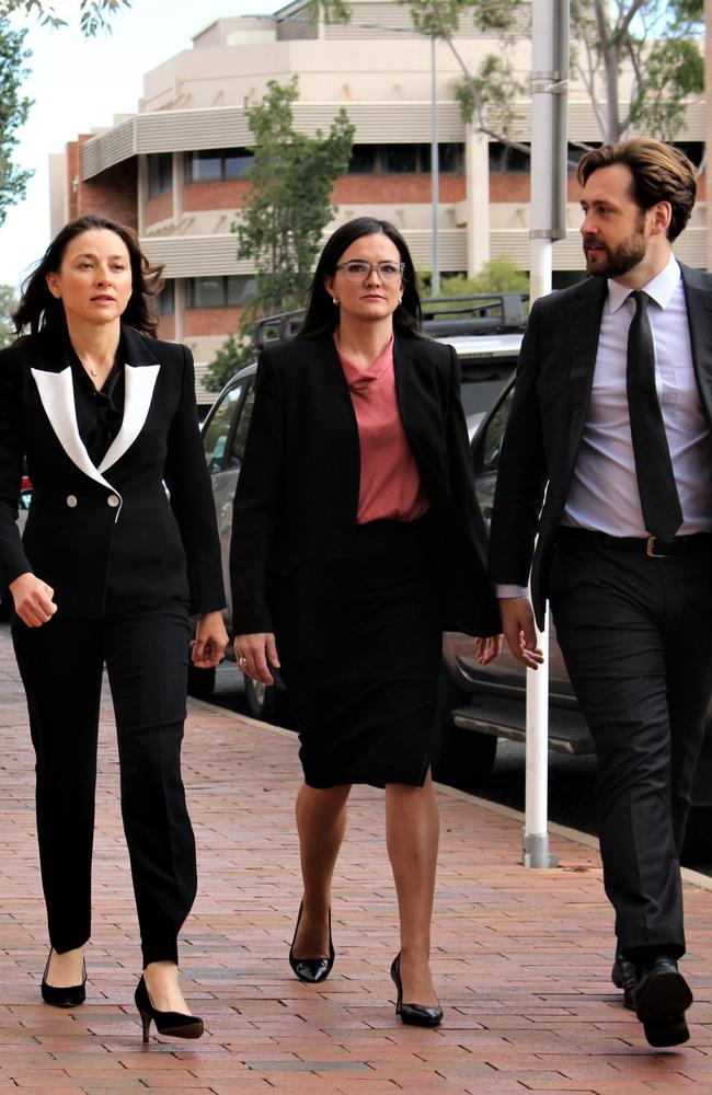 Counsel assisting Peggy Dwyer, with colleagues Patrick Coleridge and Maria Walz entering the Alice Springs Local Court on September 6, 2022 for the inquest into the death of Kumanjayi Walker. Picture: Jason Walls