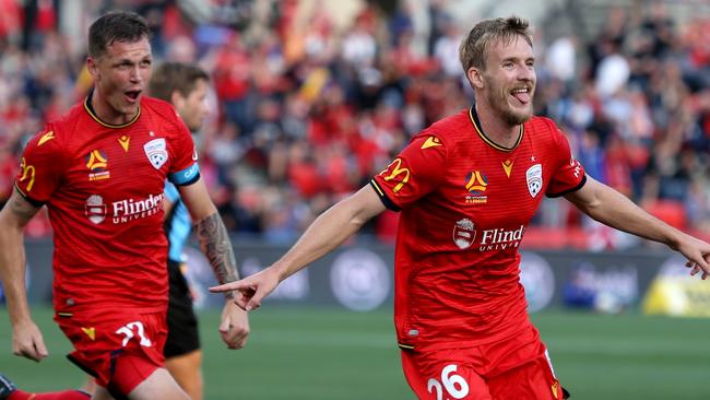 Ben Halloran celebrates a goal against Melbourne City last month Picture: AAP