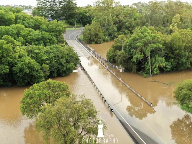 The Mary River at Kidd Bridge Gympie was at 10m and holding steady about 5.30am on Wednesday, December 18 after torrential rain. Photo: Infinity Flights Photography