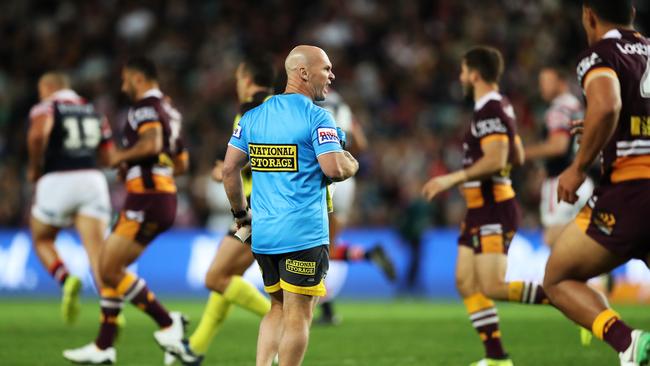 Langer gets stuck into the Broncos during their final against the Roosters. Picture: Brett Costello