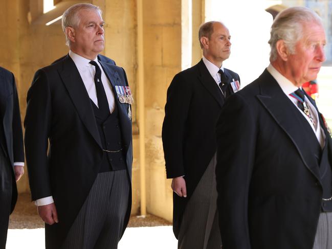 Prince Andrew, Duke of York, Prince Edward, Earl of Wessex and Prince Charles, Prince of Wales follow Prince Philip, Duke of Edinburgh's coffin during the Ceremonial Procession during the funeral of Prince Philip. Picture: Getty Images