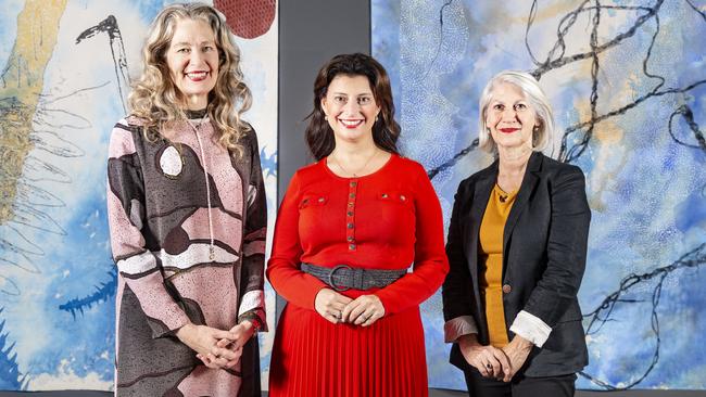 Art Gallery of SA director Rhana Devenport, Arts Minister Andrea Michaels and new AGSA chairwoman Sandy Verschoor. Picture: Saul Steed, supplied by AGSA