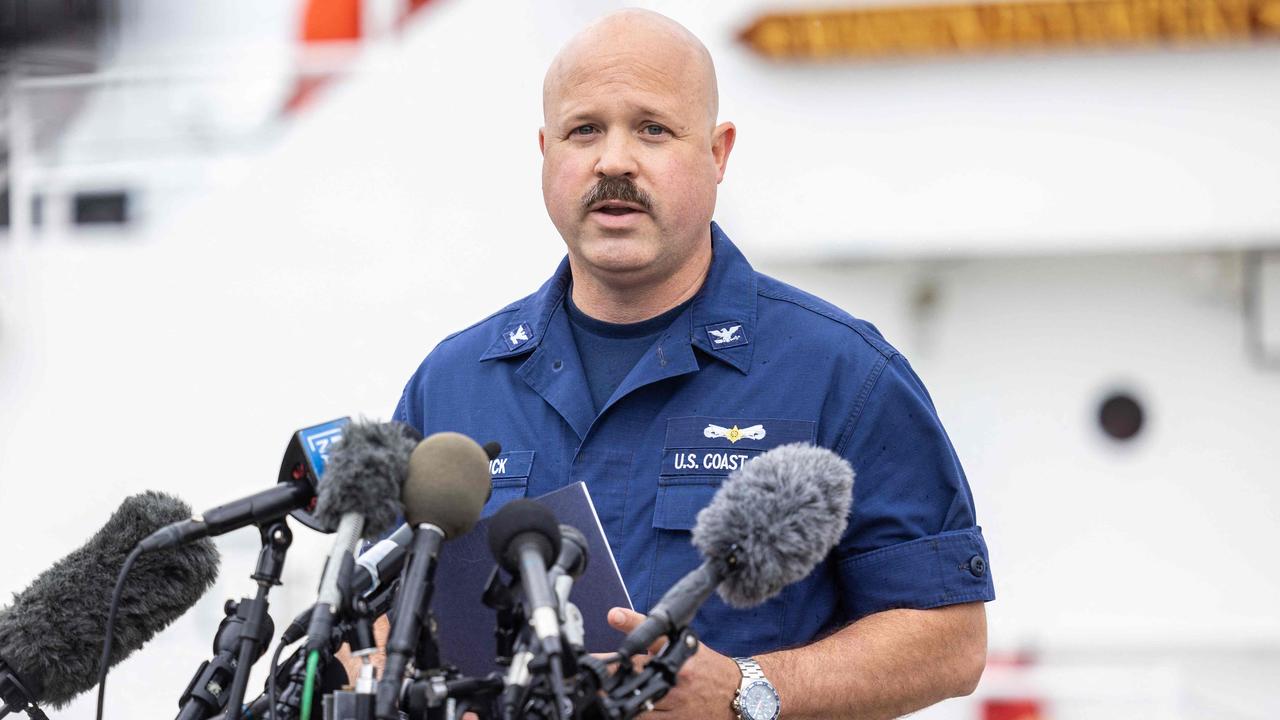 Captain Jamie Frederick of the US Coast Guard giving an update on the search efforts for five people aboard a missing submersible. Picture: Scott Eisen/Getty Images/AFP