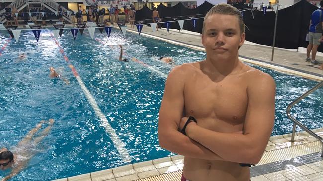 Brisbane State High School powerhouse Saxon Scheffler at the GPS swimming championship.