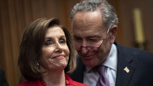 Nancy Pelosi with Senate minority leader Chuck Schumer at the US Capitol on Thursday. Picture: AFP