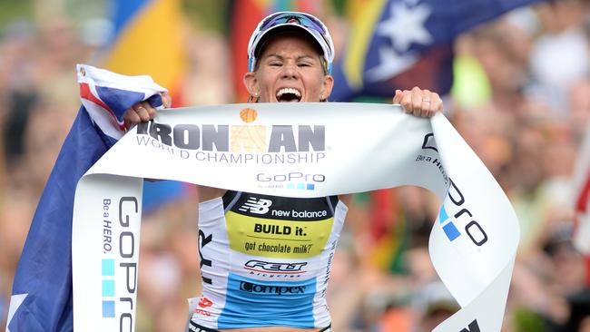 Mirinda Carfrae winning the 2014 Hawaiian Ironman Triathlon.