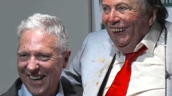 Leak and Sir Les Patterson share a laugh at the launch of <i>Trigger Warning.</i>