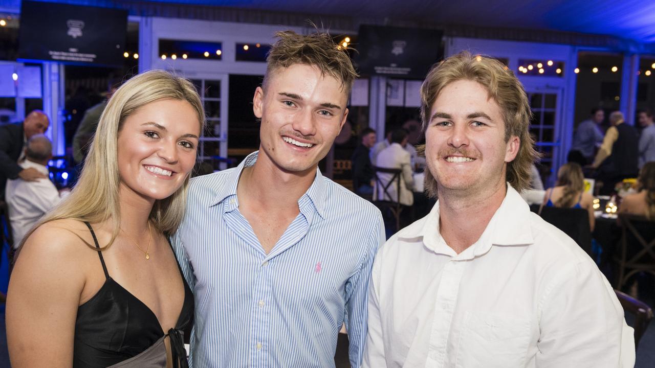 Representing Highfields Eagles are (from left) Jess Fitzgibbons, Carter Blades and Riley Wockner at the TRL awards night at Clifford Park Racecourse, Friday, September 8, 2023. Picture: Kevin Farmer