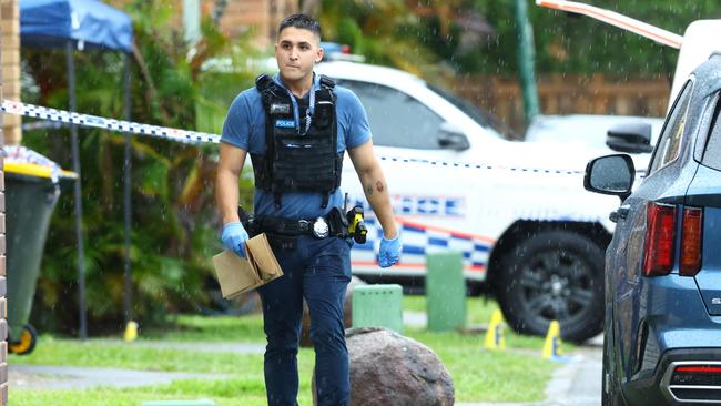 Detectives on scene at an apartment complex on Grant Road at Morayfield Sunday morning. Picture: Lachie Millard