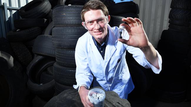 ON TRACK: Flinders University chemistry graduate Sam Tonkin, 23, holds a polysulfide rubber sample that has Terminator qualities. Picture: Mark Brake