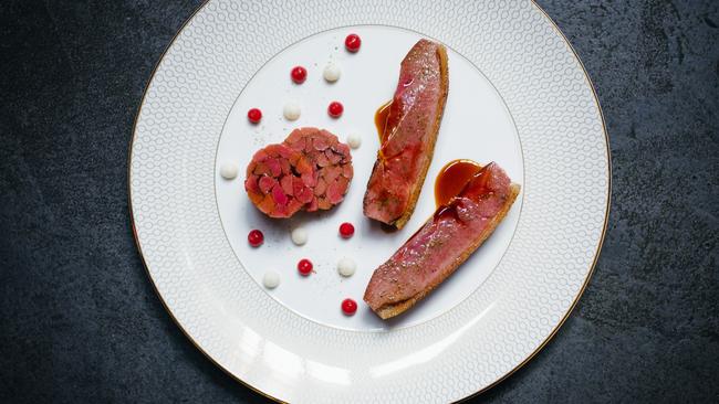 Duck breast with rhubarb and bay leaf.