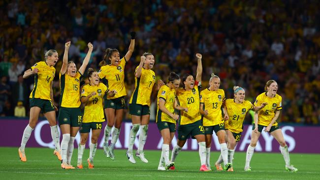 Matildas players celebrate a penalty during the FIFA Womens World Cup Quarter final match between against France at Brisbane Stadium. Picture Lachie Millard