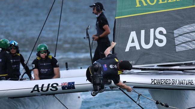 AUCKLAND, NEW ZEALAND - JANUARY 18: Team Australia leave the dock during SailGP Auckland on January 18, 2025 in Auckland, New Zealand. (Photo by Phil Walter/Getty Images)