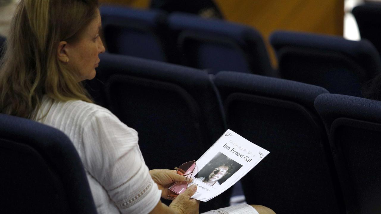 Friends and family attend the funeral of well-known Gold Coast man Ian Gal at Nerang Uniting Church on Thursday morning. Picture: Tertius Pickard