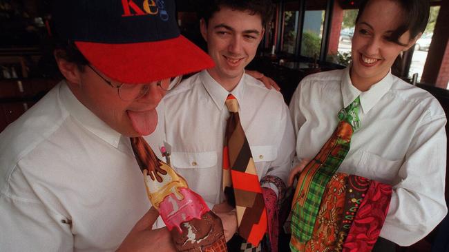 Staff at The Keg at Albert Park don ‘fugly’ ties for a competition in 1997.