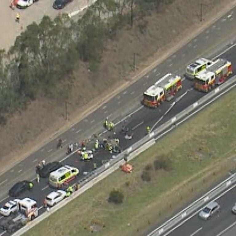 Emergency services were called to the M7 at Cecil Hills after a truck and car collided. Picture: Facebook/ 9News