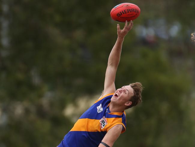 Efl Footy: Lilydale v Wantirna Sth27  Beau Mitchener jumps high in the ruck for Lilydale.Picture: Stuart Milligan