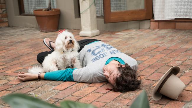 Guard dog ... Samuel Johnson recreates Molly Meldrum’s 2011 fall, with help from the real-life Ziggy.
