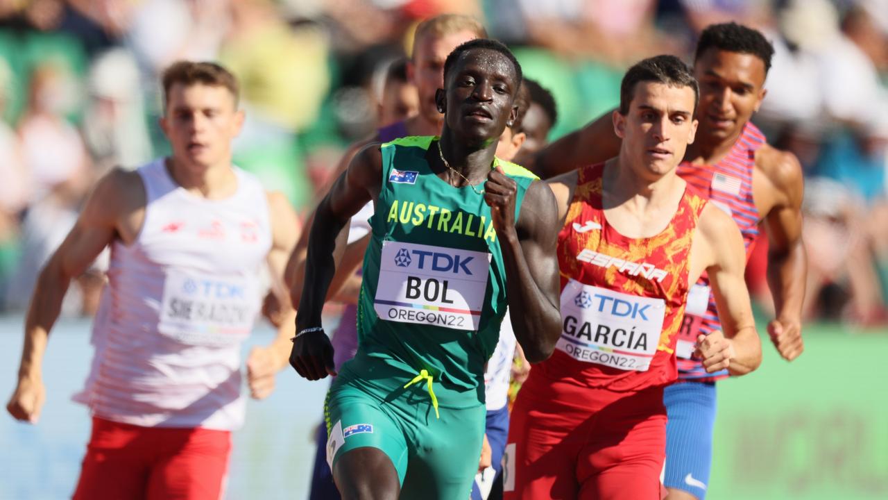EUGENE, OREGON - JULY 20: Peter Bol of Team Australia and Mariano Garcia of Team Spain compete in the Men's 800m heats on day six of the World Athletics Championships Oregon22 at Hayward Field on July 20, 2022 in Eugene, Oregon. (Photo by Andy Lyons/Getty Images for World Athletics)